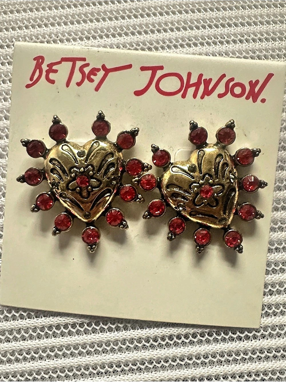 Betsey Johnson Heart Earrings in Gold & Red